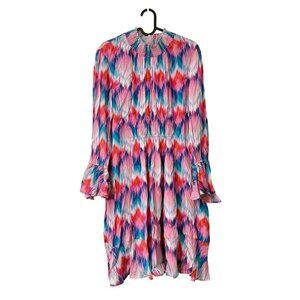 Ranna Gill Multicolor Abstract Chevron Smocked Neck Long Sleeve Dress Medium